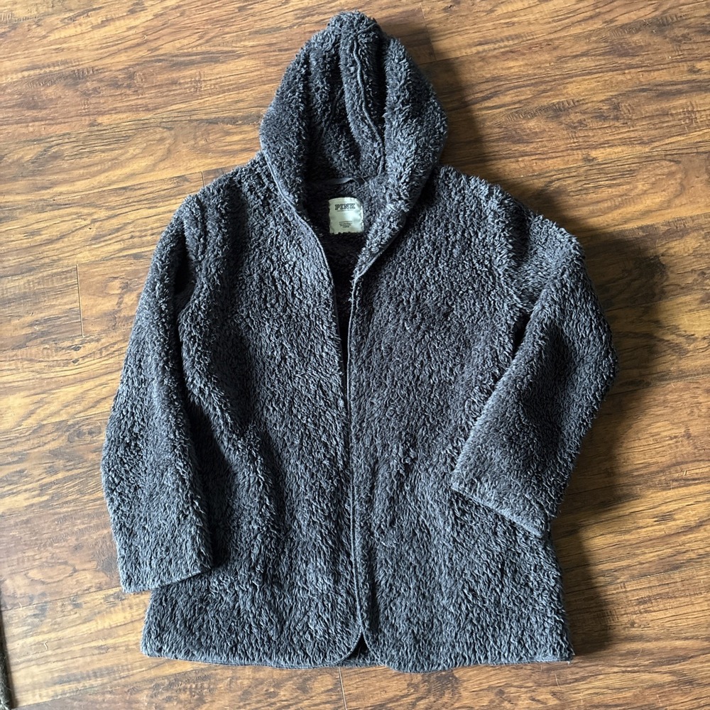 PINK Victoria's Secret Sherpa Cardigan XS/S Dark Grey Women Loungewear Hooded